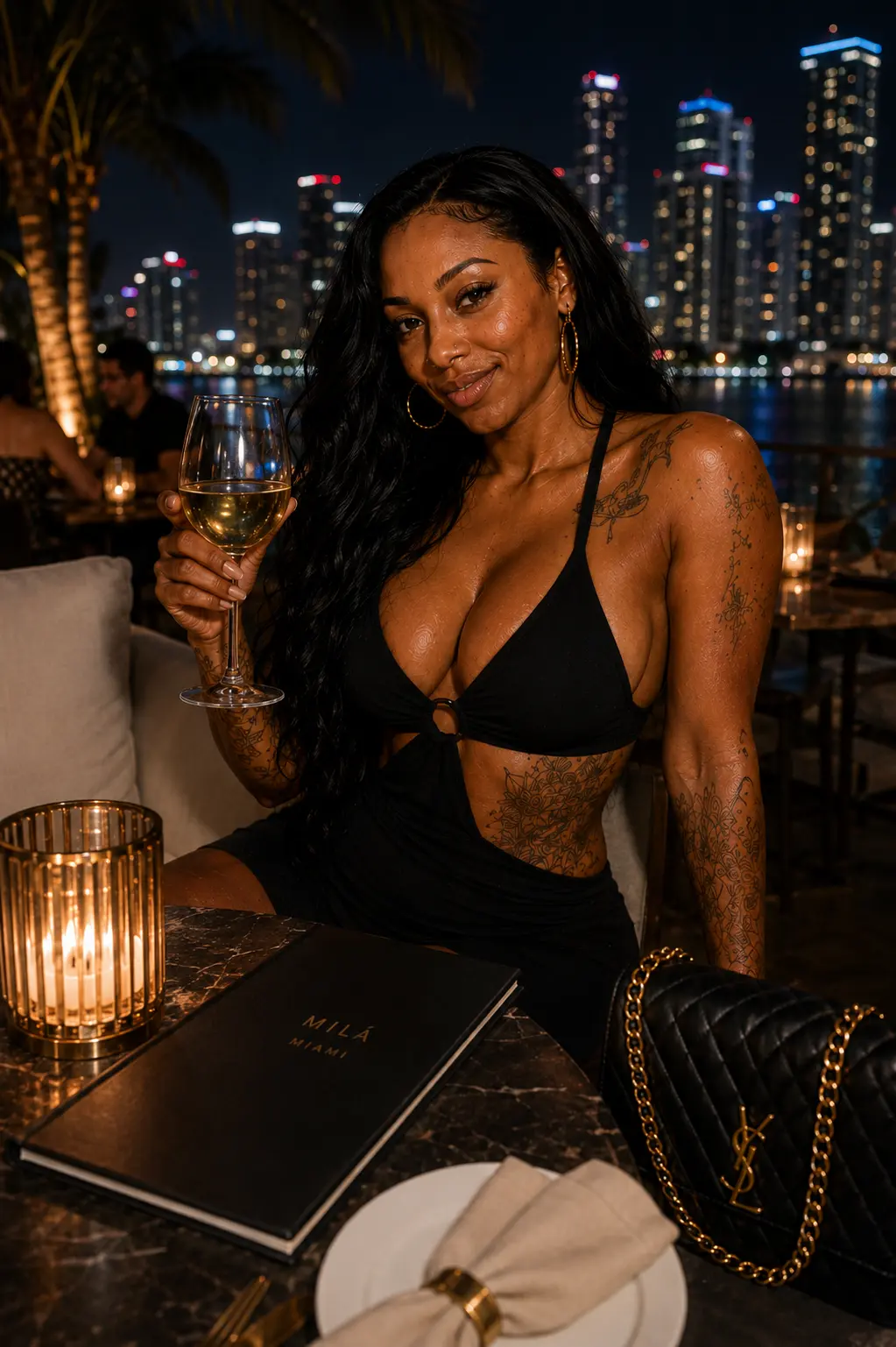 Amara Kingston at a waterfront table with the Miami skyline behind her at night