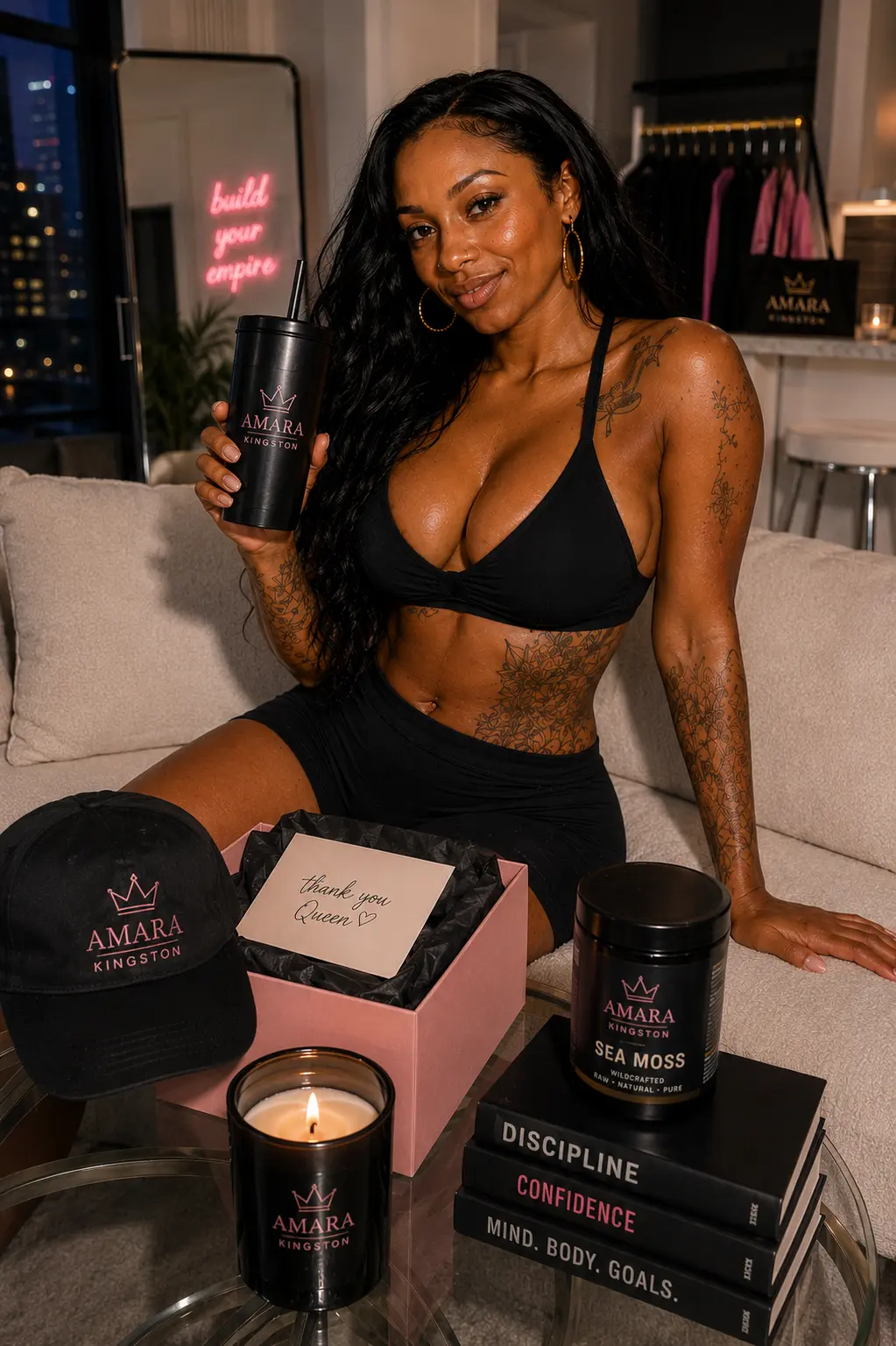 Amara Kingston with her branded merch — tumbler, candle, cap and gift box