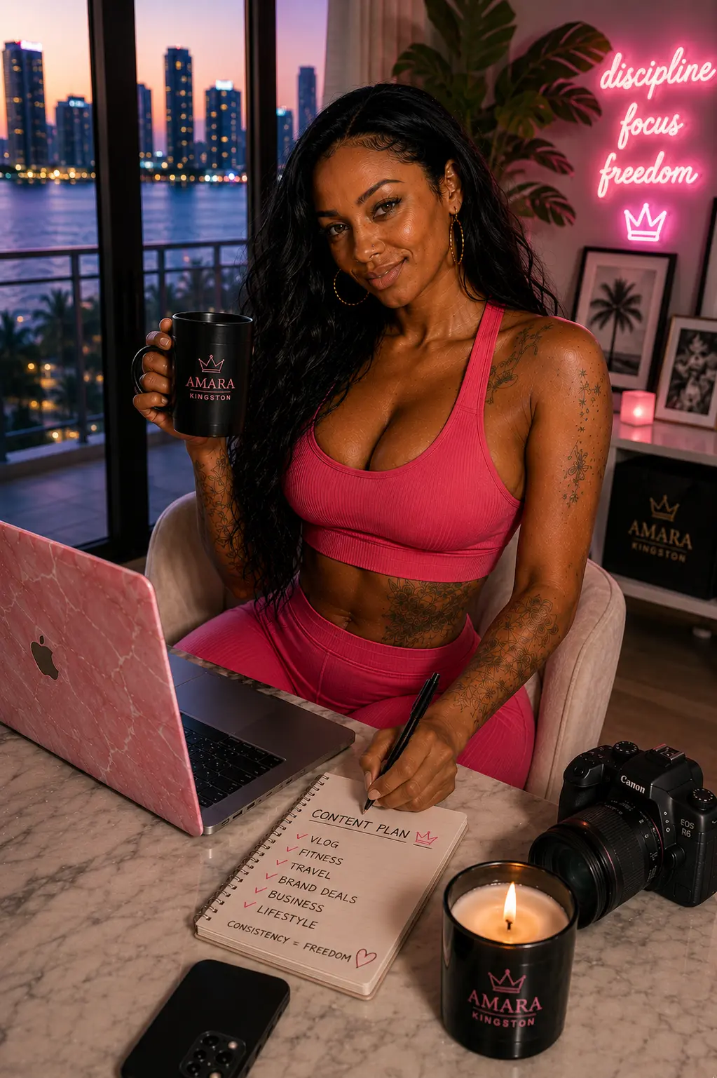 Amara Kingston planning her content calendar at a marble desk with a Miami skyline view
