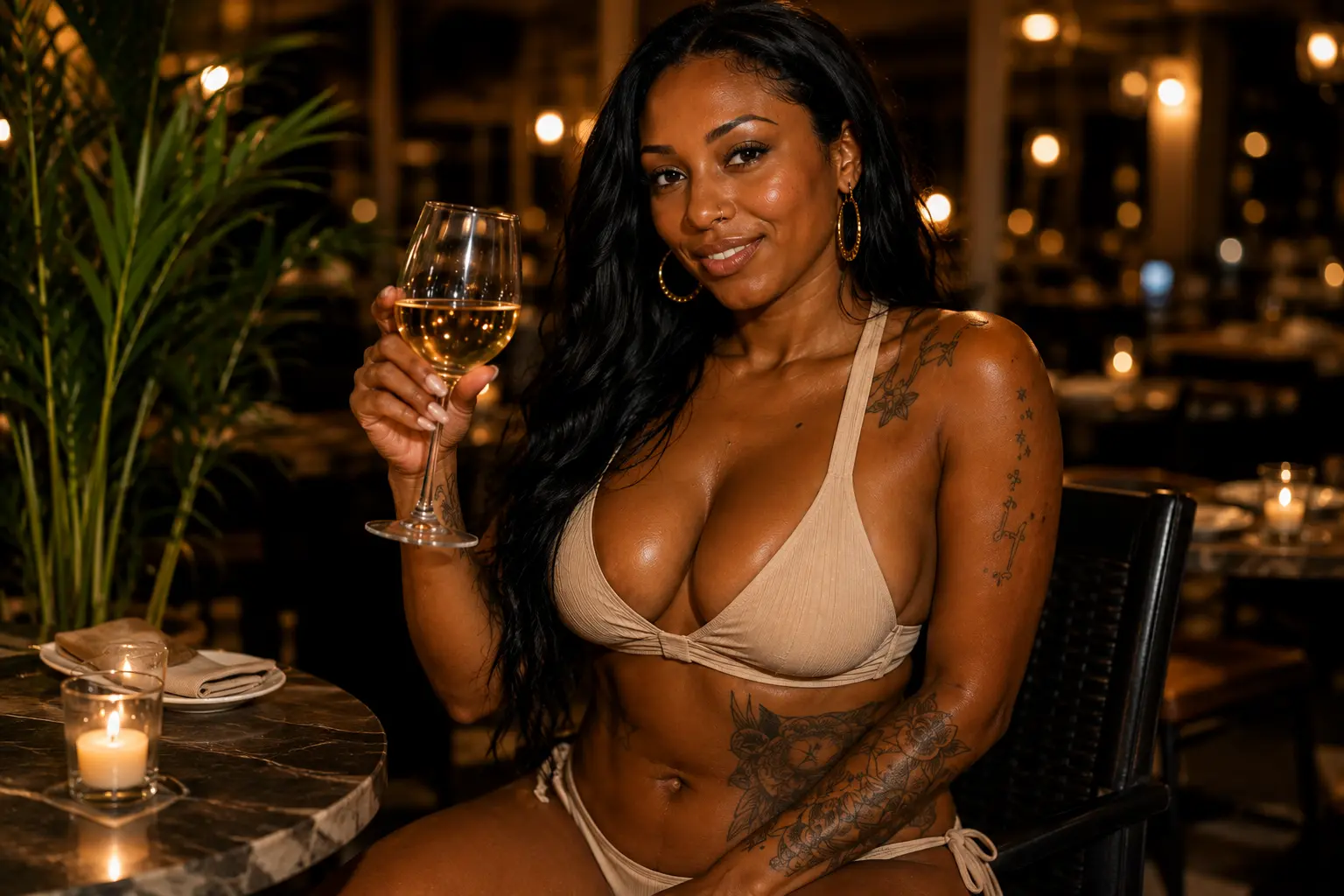 Amara Kingston at a candlelit dinner table, warm gold light