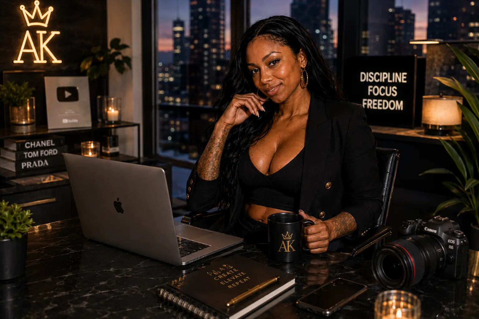Amara Kingston at her studio desk with laptop, camera and AK signage, city skyline behind